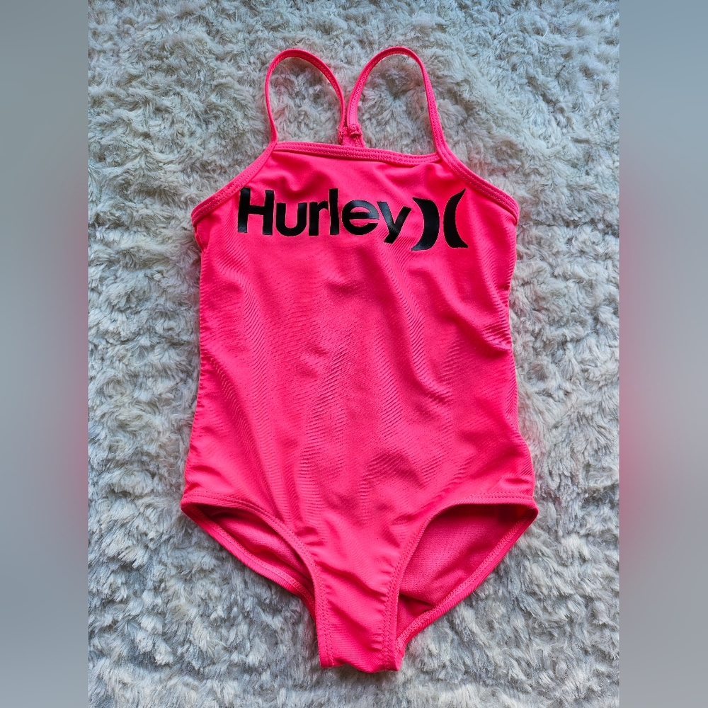 Hurley One Piece Girls' Hot Pink Swimsuit, Size 5, Black Logo